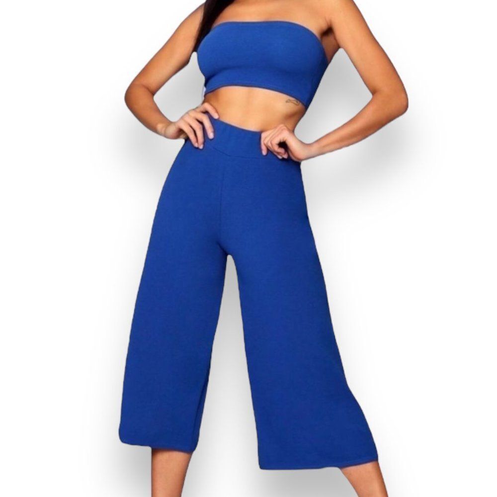 Blue Crop Top and Wide Leg Crop Pants Outfit Set - NEW